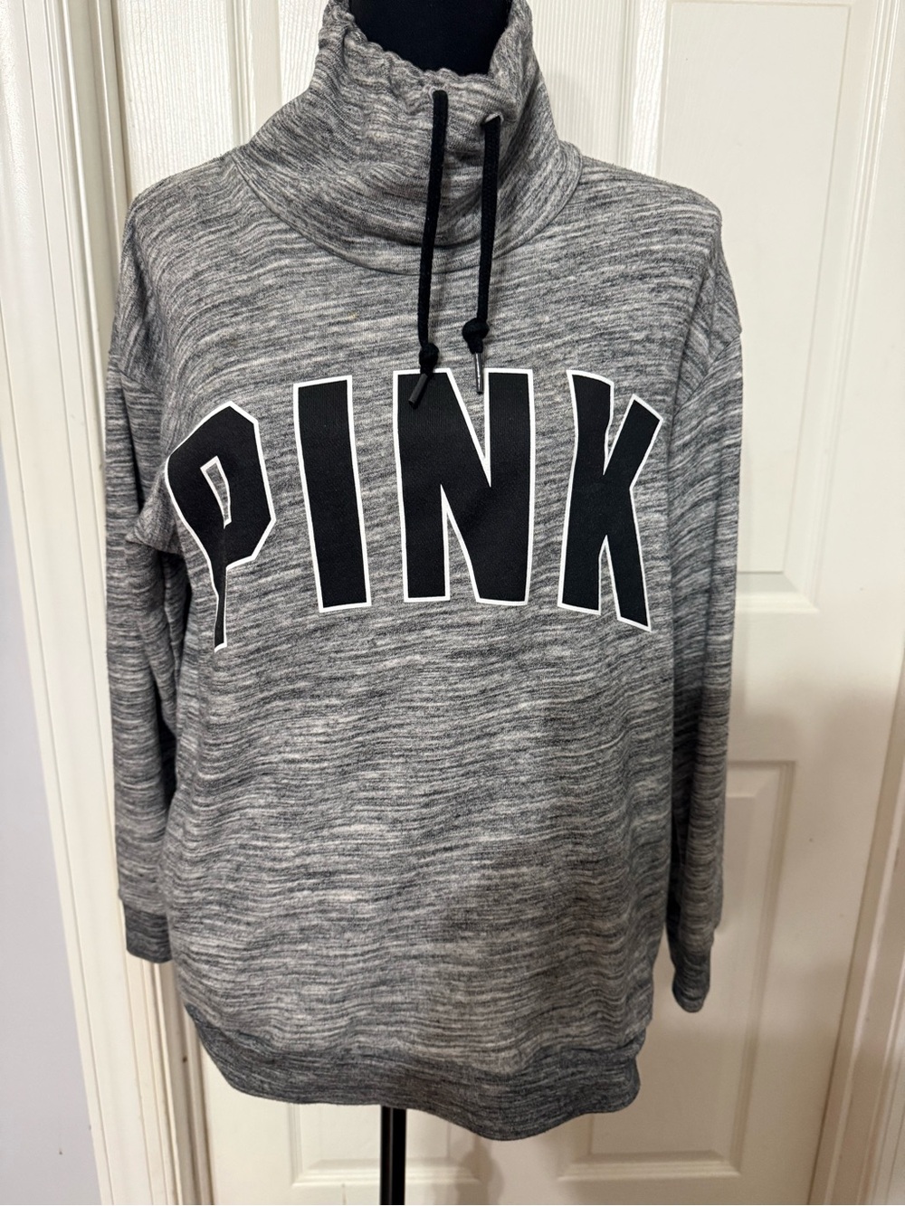 PINK Victoria's Secret Gray Marled Funnel Neck Pullover with Black Logo